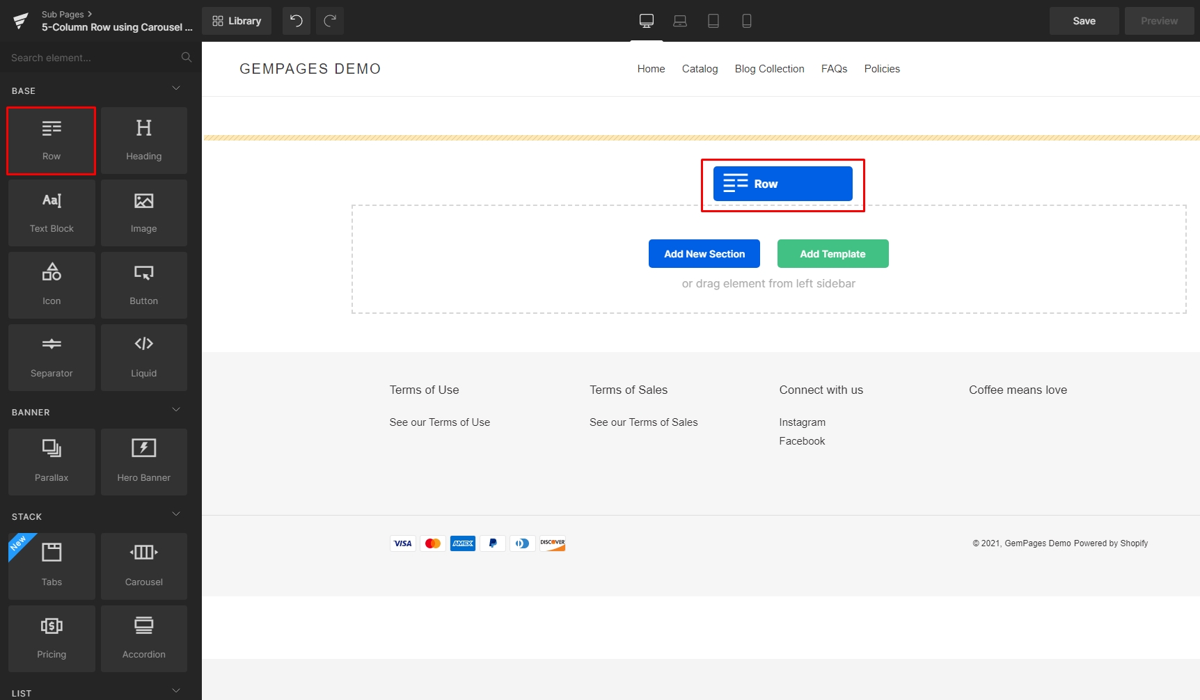 Create a 5 column row using the Carousel element Help Center